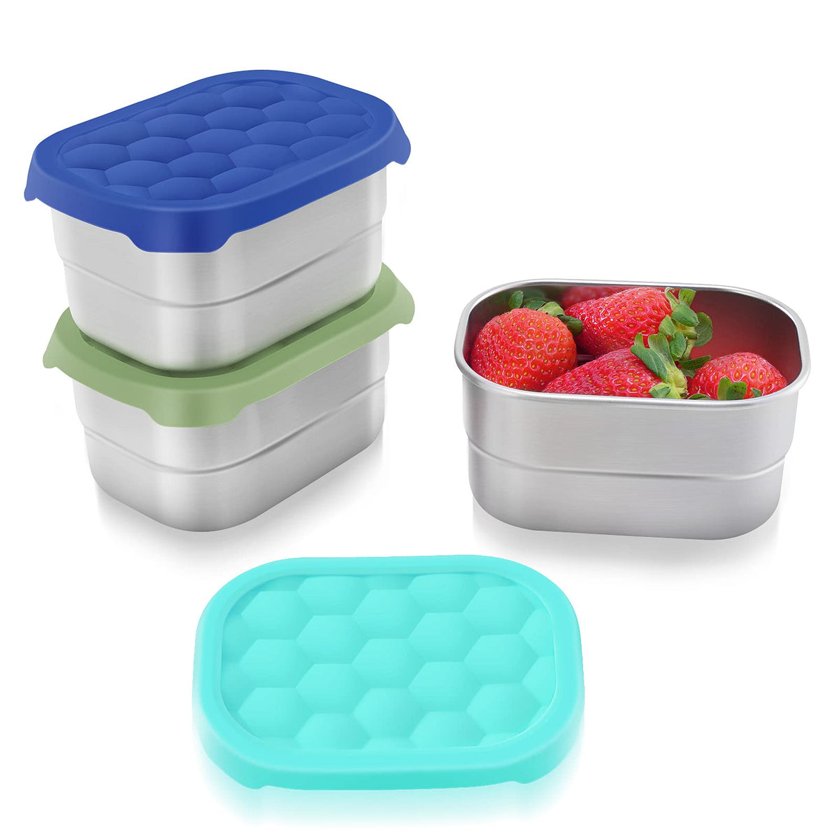 Tanjiae 3 CUP+1 CUP Stainless Steel Lunch Snack Containers Set | Leak Proof 304 Stainless Steel Food Containers with Silicone Lids - Perfect Metal Lunch Box for School and Daycare (25oz+8oz*2)