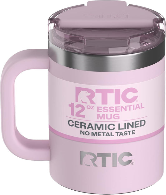RTIC 12oz Essential Mug with Lid and Handle, Ceramic Lined, Pale Pink