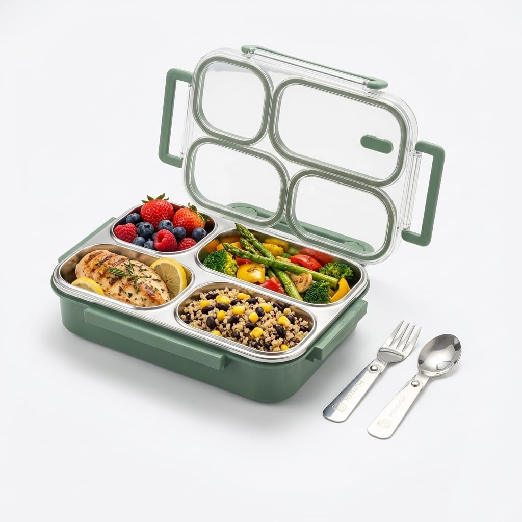 Bento Box Adult Lunch Box - Microwave Safe Stainless Steel Meal Prep Containers, 1200ML Large Capacity 4-Compartment Leak Proof Food Container with Handle & Utensils for Work, Office [Green]