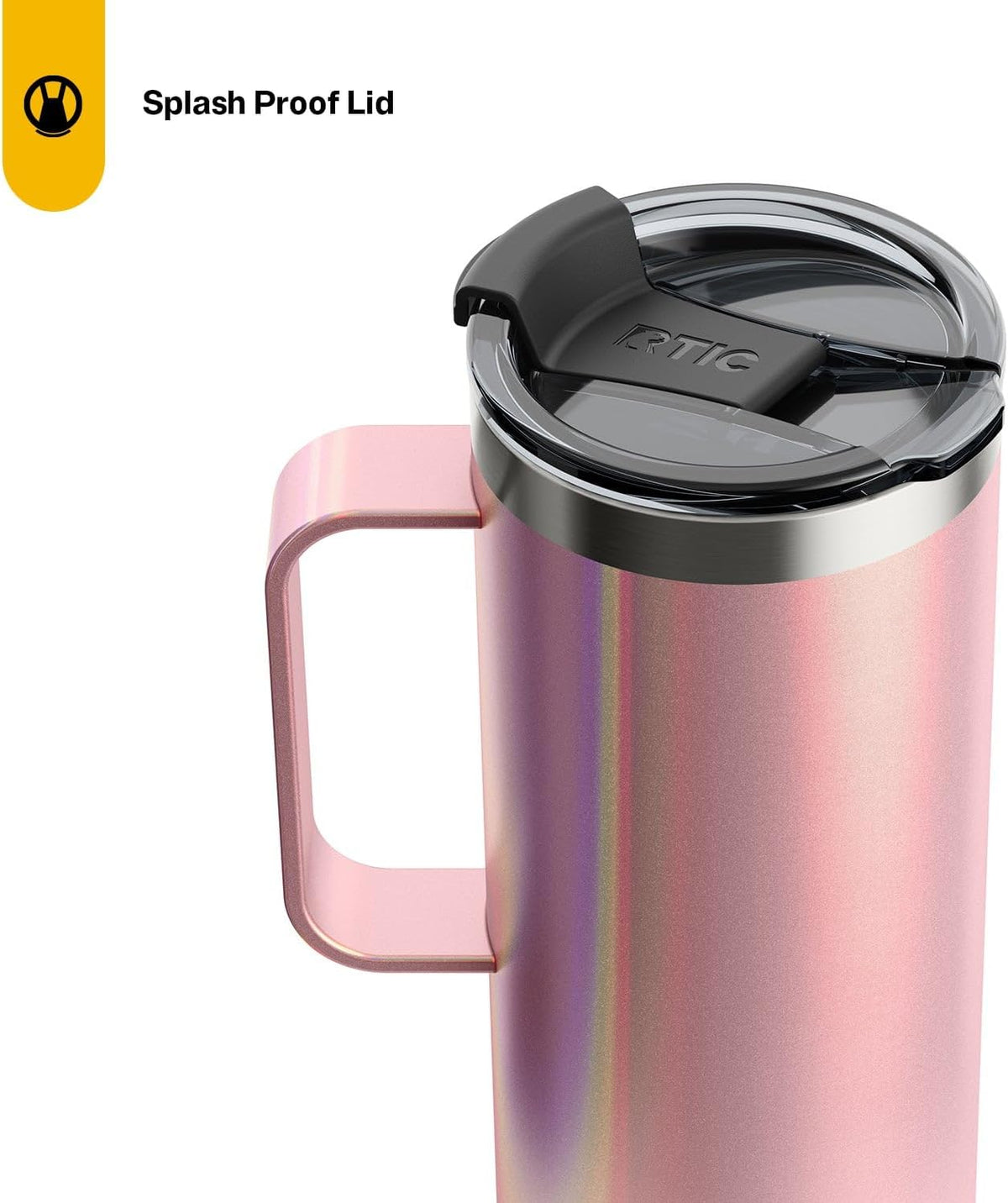 RTIC 20oz Travel Mug, Stainless Steel Insulated Coffee Cup with Lid and Handle, Portable for Car, Camping, Hot and Cold Drink, Dusty Rose Glitter