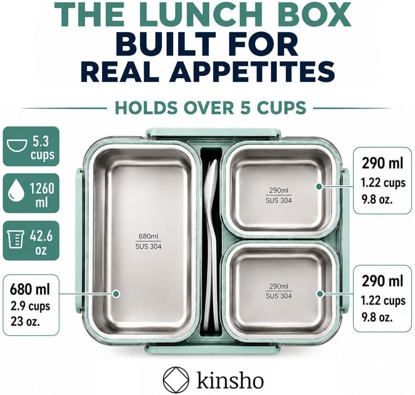 kinsho BIG Bento Lunch Box & Bag, Stainless Steel - Adults Teens Kids Green