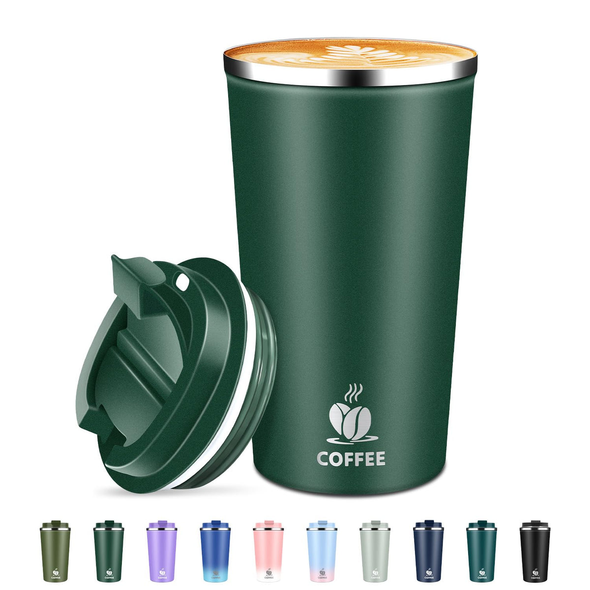 Insulated Travel Coffee Mug Reusable Coffee Tumbler Cup with Flip Lid Leak Proof Spill Proof for Office School Party Camping Hot and Cold Drink,Stainless Steel 17oz (Agave Green)
