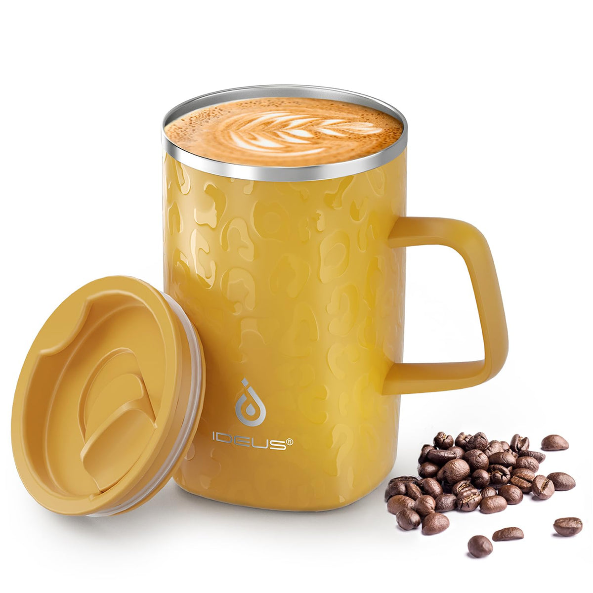 Ideus 16 oz Insulated Coffee Mug with Lid and Handle, Leopard Pink