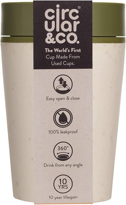 Circular and Co Reusable Coffee Cup 8oz/227ml - The World's First Travel Mug Made from Recycled Coffee Cups, 100% Leak-Proof, Sustainable & Insulated. (Cream & Honest Green)