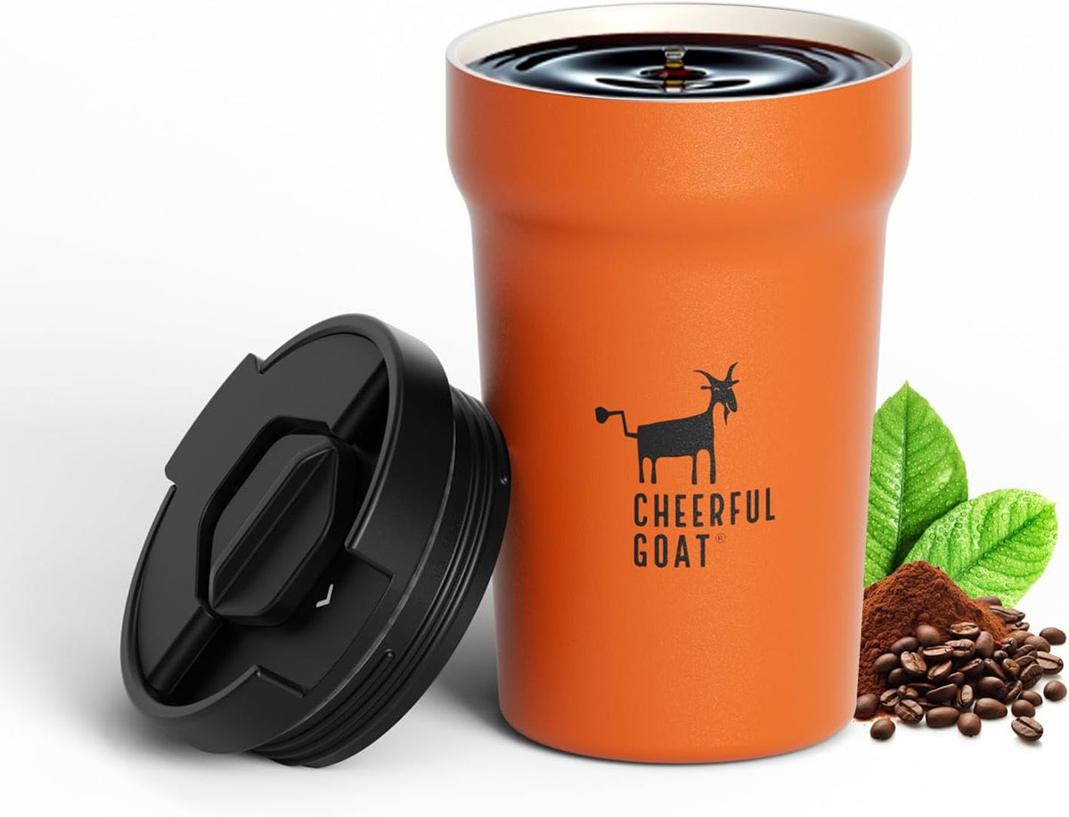CHEERFUL GOAT Ceramic Lined Coffee Mug – Stainless Steel Travel insulated Tumbler with Ceramic Liner, with lid, 12oz Leak proof Cup for Hot and Cold Water Coffee at Home, Office (orange)