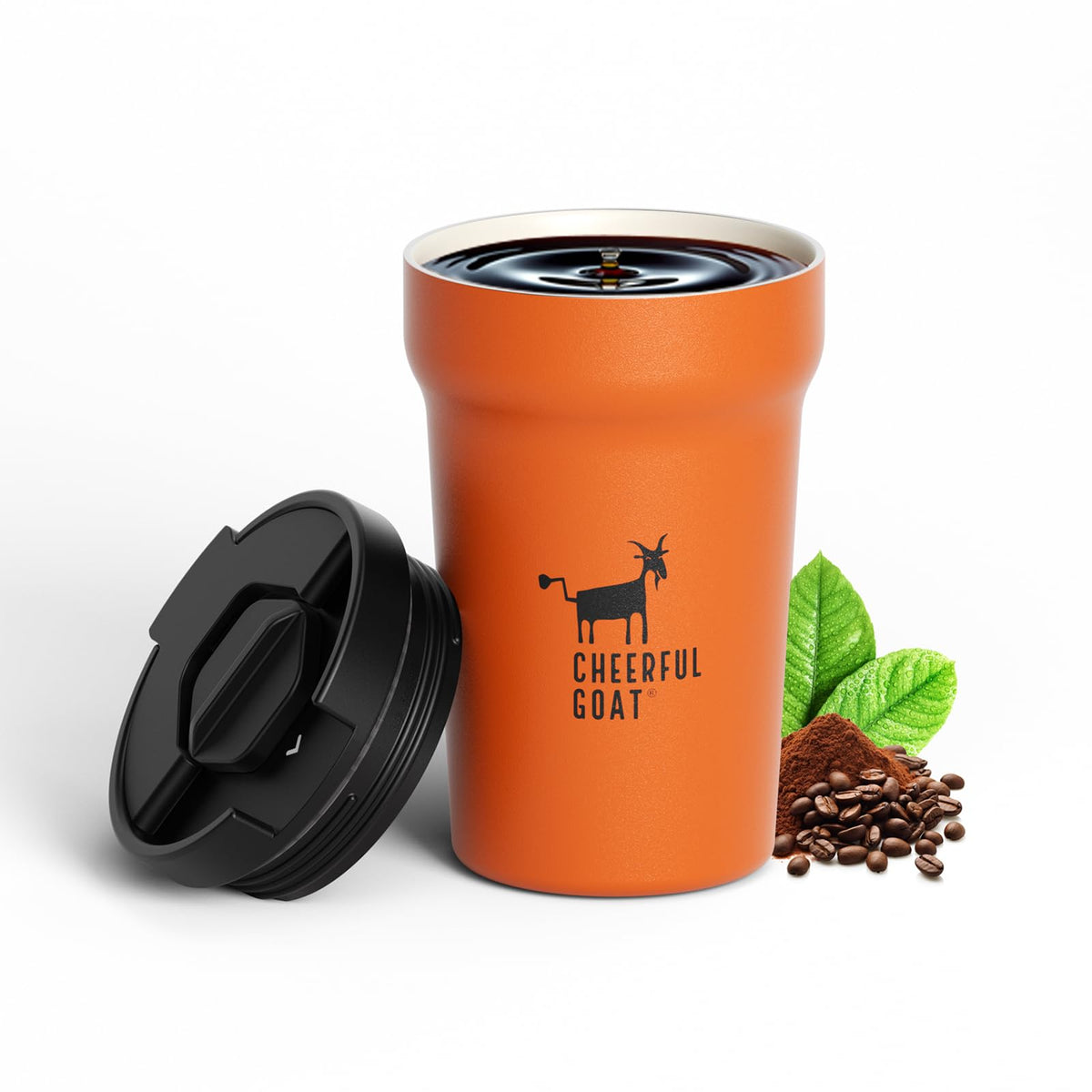 CHEERFUL GOAT Ceramic Lined Coffee Mug – Stainless Steel Travel insulated Tumbler with Ceramic Liner, with lid, 12oz Leak proof Cup for Hot and Cold Water Coffee at Home, Office (orange)