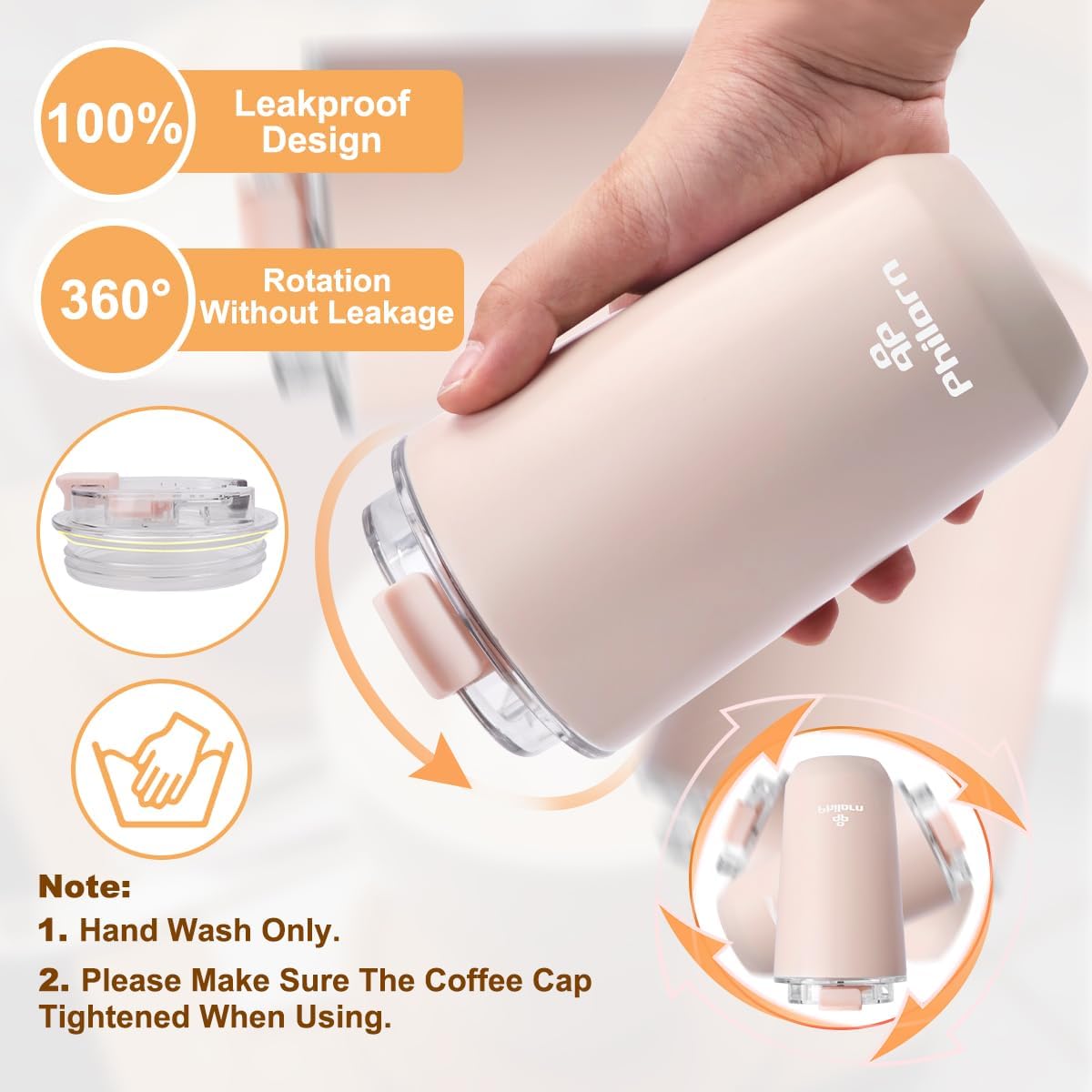 PHILORN Pink Coffee Tumbler - 12 OZ Insulated Coffee Mug With Lid