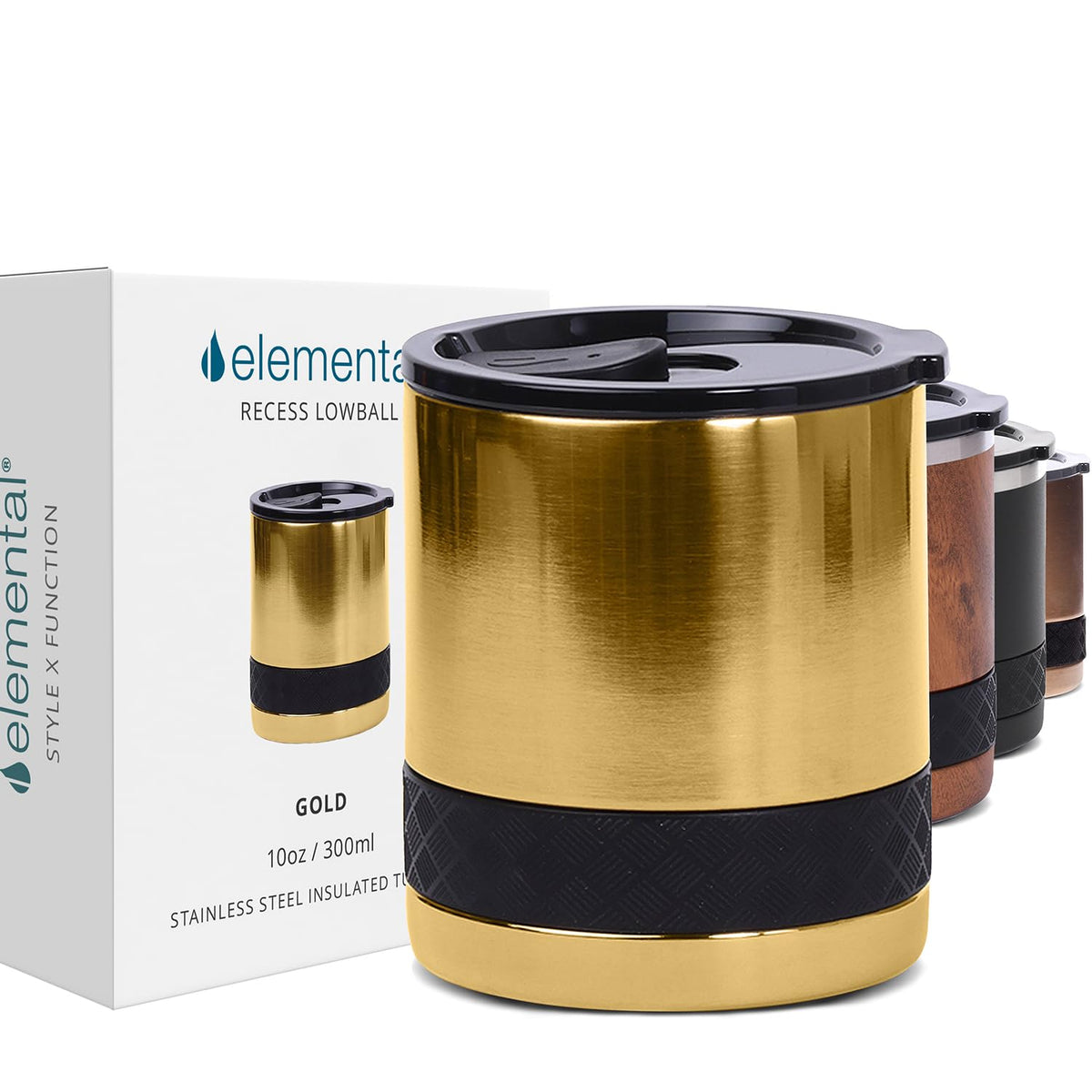 Elemental Recess Lowball 10oz Stainless Steel Tumbler Whiskey Glass w/Lid