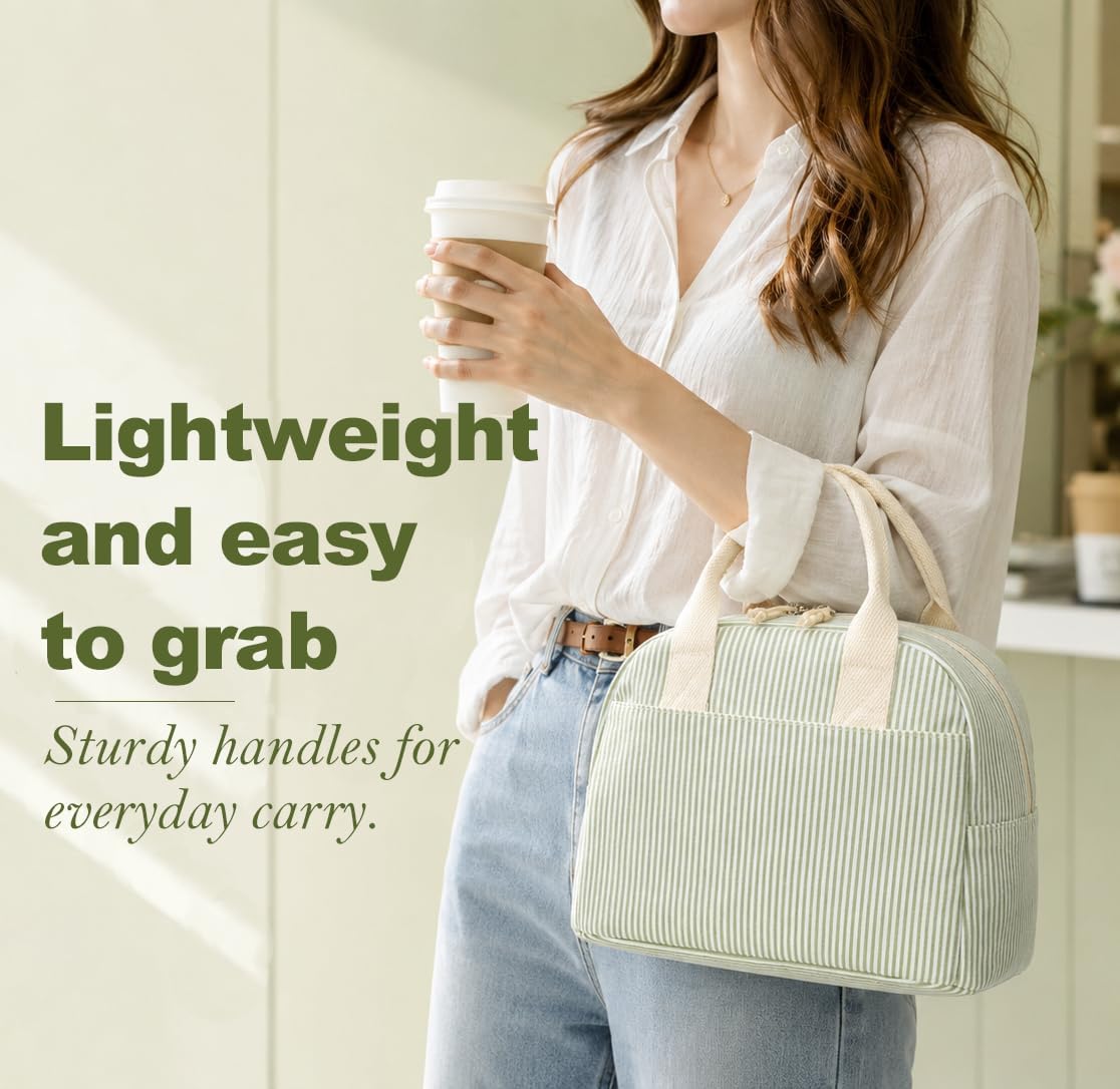 LOVELYWIND Lunch Box for Women, Insulated Lunch Bag, Green Stripe Tote 9L