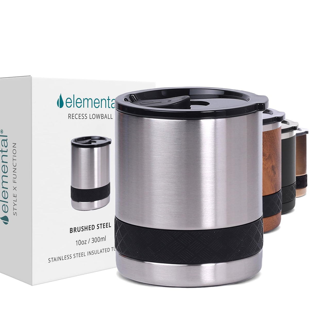 Elemental Recess Lowball 10oz Stainless Steel Tumbler Whiskey Glass w/Lid