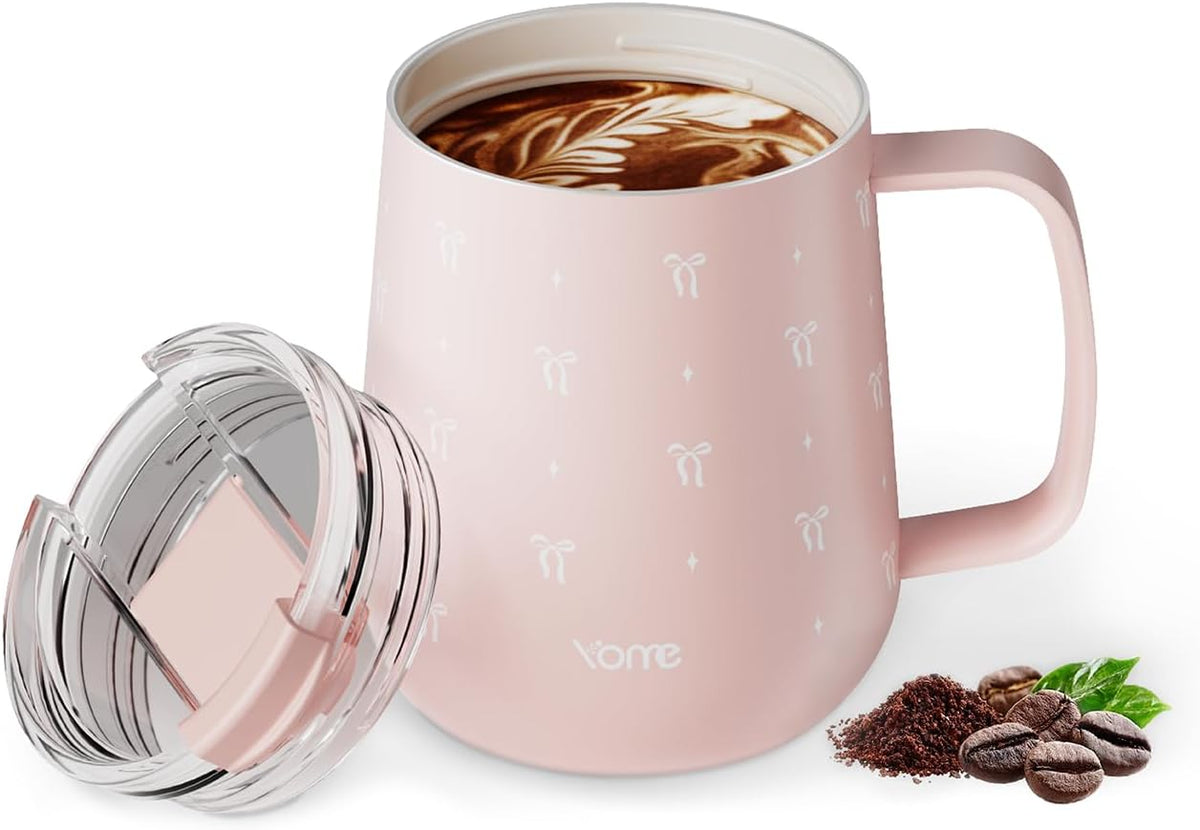 YOME 10oz Bow Light Pink Insulated Coffee Mug with Handle for Women | Ceramic Lined Coffee Mug with Splash-Resistant Lid| Pure Taste Stainless Steel Coffee Cup | Easy to Clean | Keeps Drinks Cold