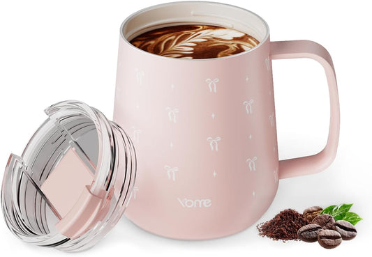 YOME 10oz Bow Light Pink Insulated Coffee Mug with Handle for Women | Ceramic Lined Coffee Mug with Splash-Resistant Lid| Pure Taste Stainless Steel Coffee Cup | Easy to Clean | Keeps Drinks Cold