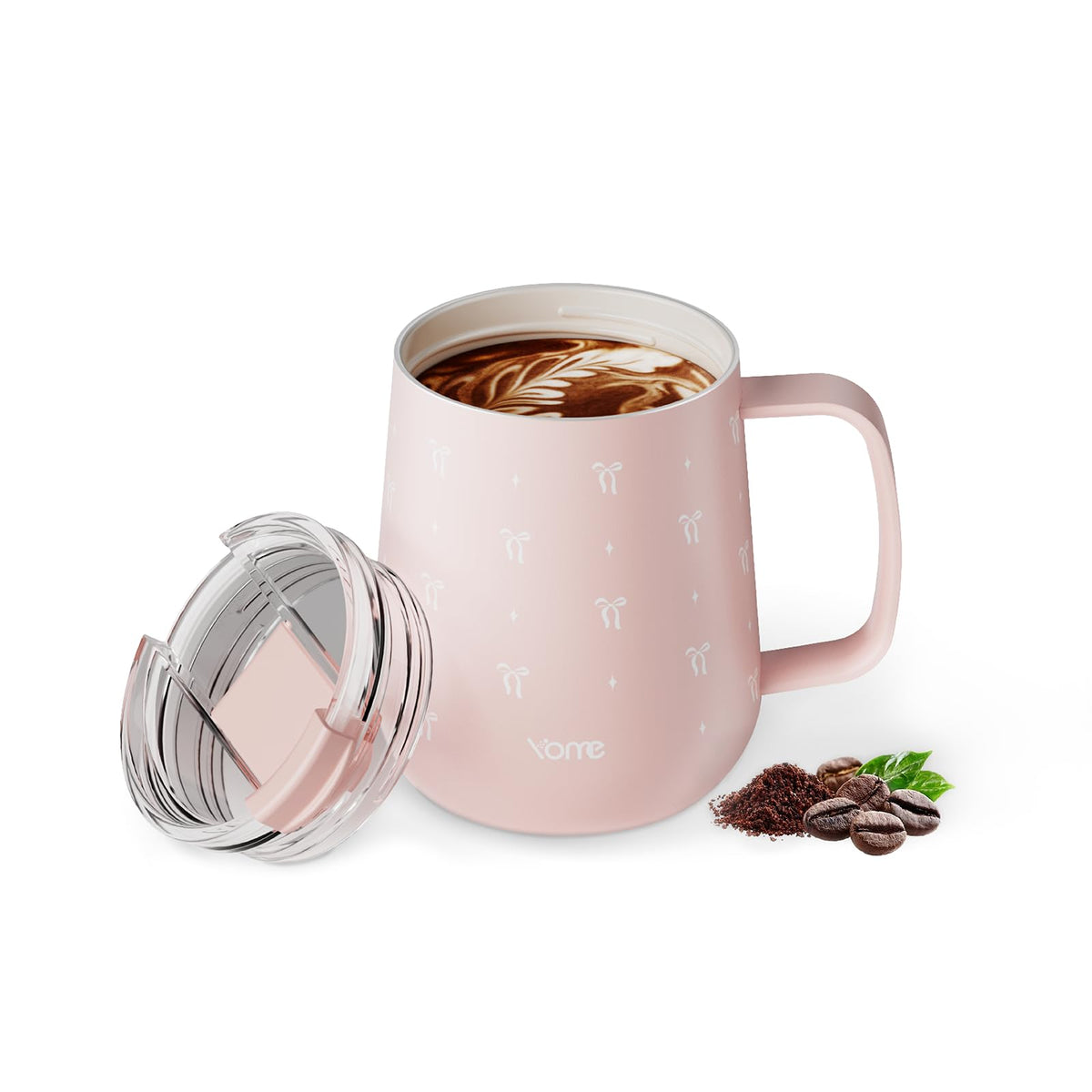 YOME 10oz Bow Light Pink Insulated Coffee Mug with Handle for Women | Ceramic Lined Coffee Mug with Splash-Resistant Lid| Pure Taste Stainless Steel Coffee Cup | Easy to Clean | Keeps Drinks Cold