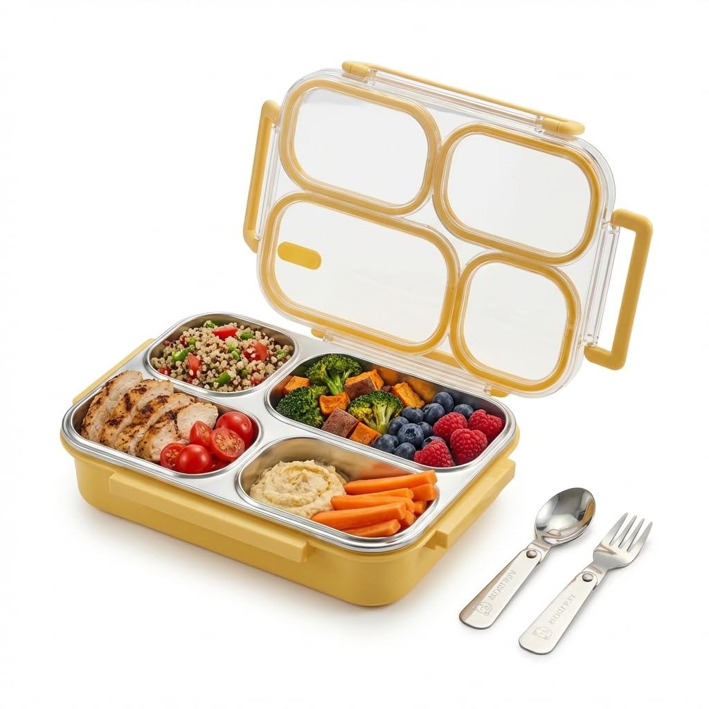 Bento Box Adult Lunch Box - Microwave Safe Stainless Steel Meal Prep Containers, 1200ML Large Capacity 4-Compartment Leak Proof Food Container with Handle & Utensils for Work, Office [Green]