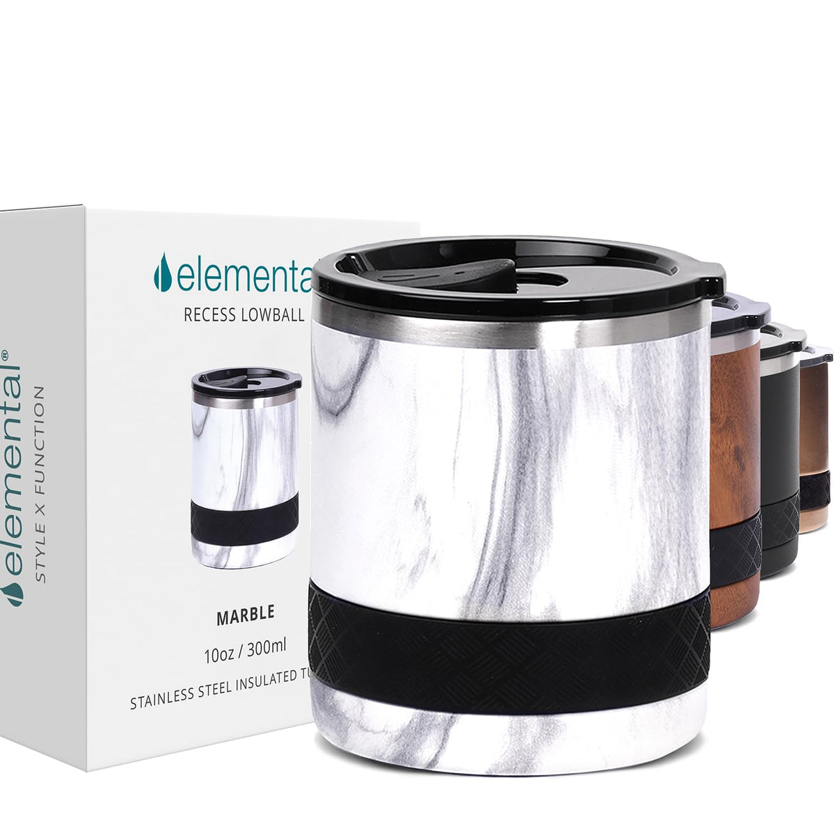 Elemental Recess Lowball 10oz Stainless Steel Tumbler Whiskey Glass w/Lid