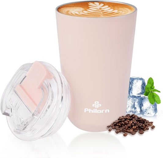 PHILORN Pink Coffee Tumbler - 12 OZ Insulated Coffee Mug With Lid