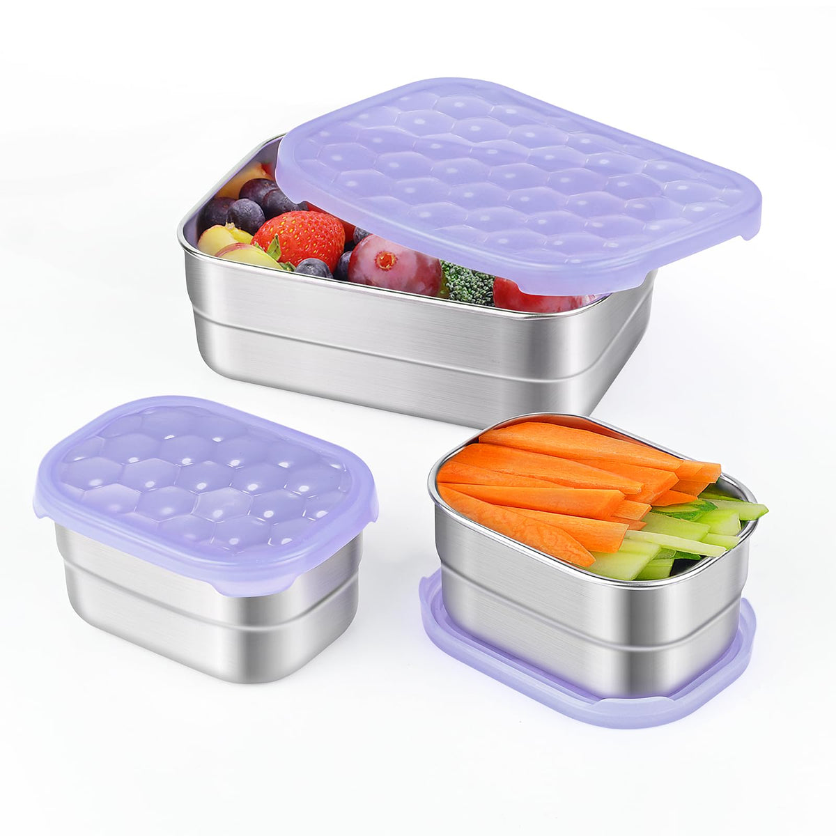 Tanjiae 3 CUP+1 CUP Stainless Steel Lunch Snack Containers Set | Leak Proof 304 Stainless Steel Food Containers with Silicone Lids - Perfect Metal Lunch Box for School and Daycare (25oz+8oz*2)