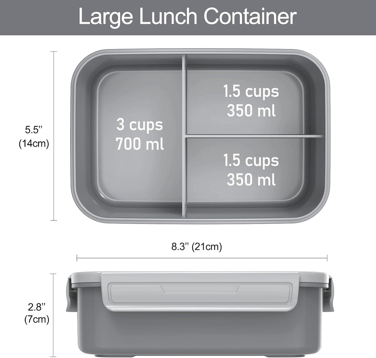 Caperci Classic Bento Box Adult Lunch Box for Older Kids - Leakpoof 47 oz 3-Compartment Lunch Containers for Adults and Teens, Built-in Utensil Set, Ideal for On-the-Go Balanced Eating, Gray