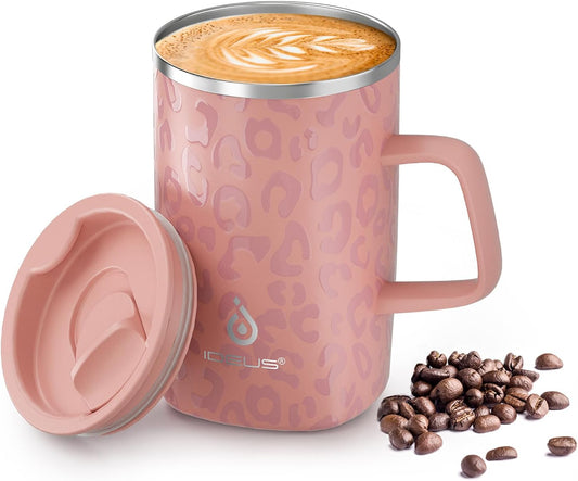 Ideus 16 oz Insulated Coffee Mug with Lid and Handle, Leopard Pink