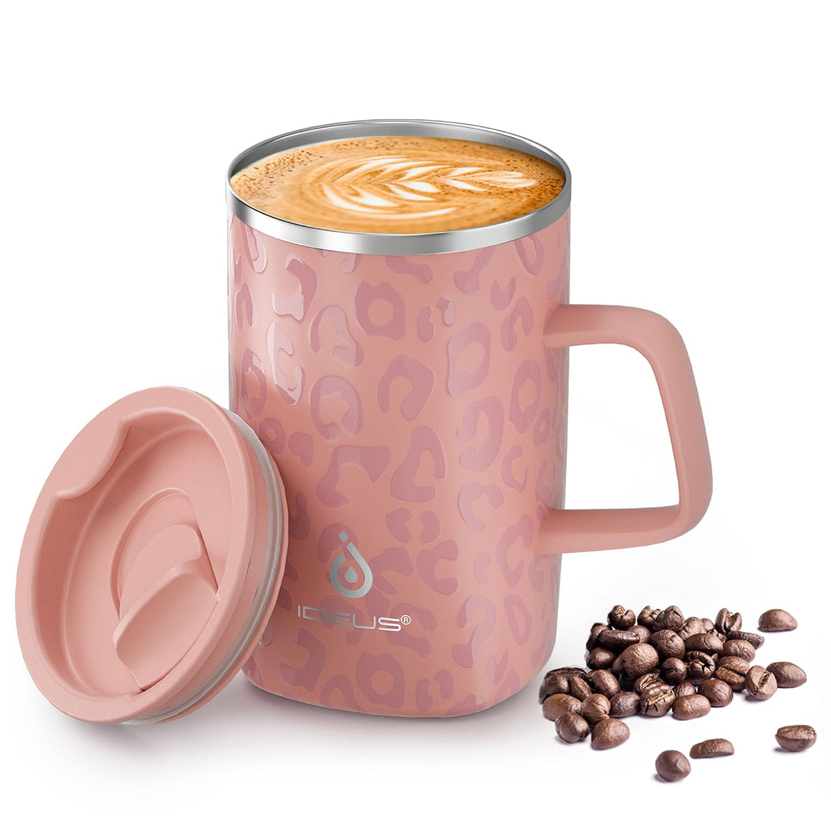 Ideus 16 oz Insulated Coffee Mug with Lid and Handle, Leopard Pink