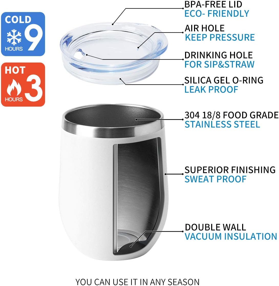 HASLE OUTFITTERS 12oz Wine Tumbler with Lid Stemless Wine Glasses Double Wall Vacuum Travel Mugs stainless steel Coffee Cup for Cold & Hot Drinks Wine Coffee Cocktails Beer 12 Pack White