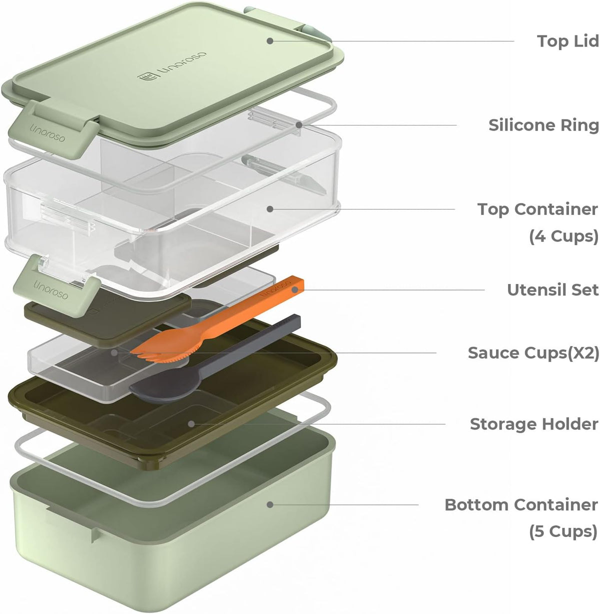 linoroso Stackable 2-Tier Adult Bento Box, 4 Compartments - Pale Mint