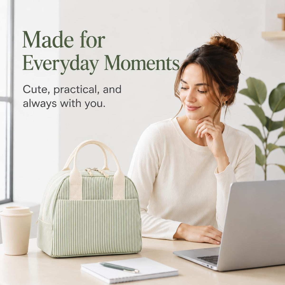LOVELYWIND Lunch Box for Women, Insulated Lunch Bag, Green Stripe Tote 9L