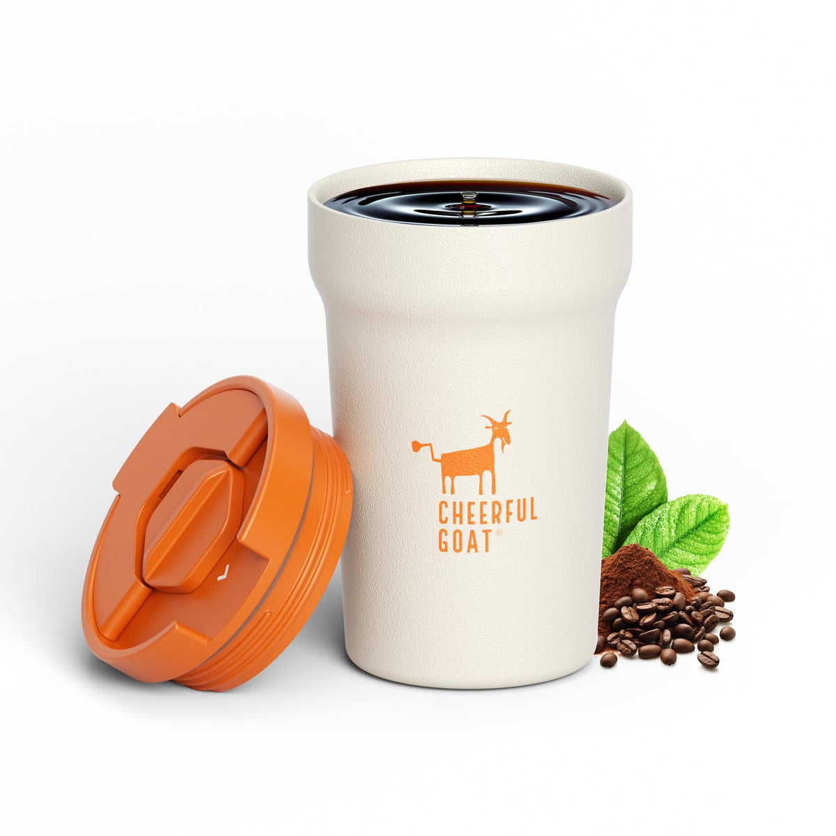 CHEERFUL GOAT Ceramic Lined Coffee Mug – Stainless Steel Travel insulated Tumbler with Ceramic Liner, with lid, 12oz Leak proof Cup for Hot and Cold Water Coffee at Home, Office (orange)
