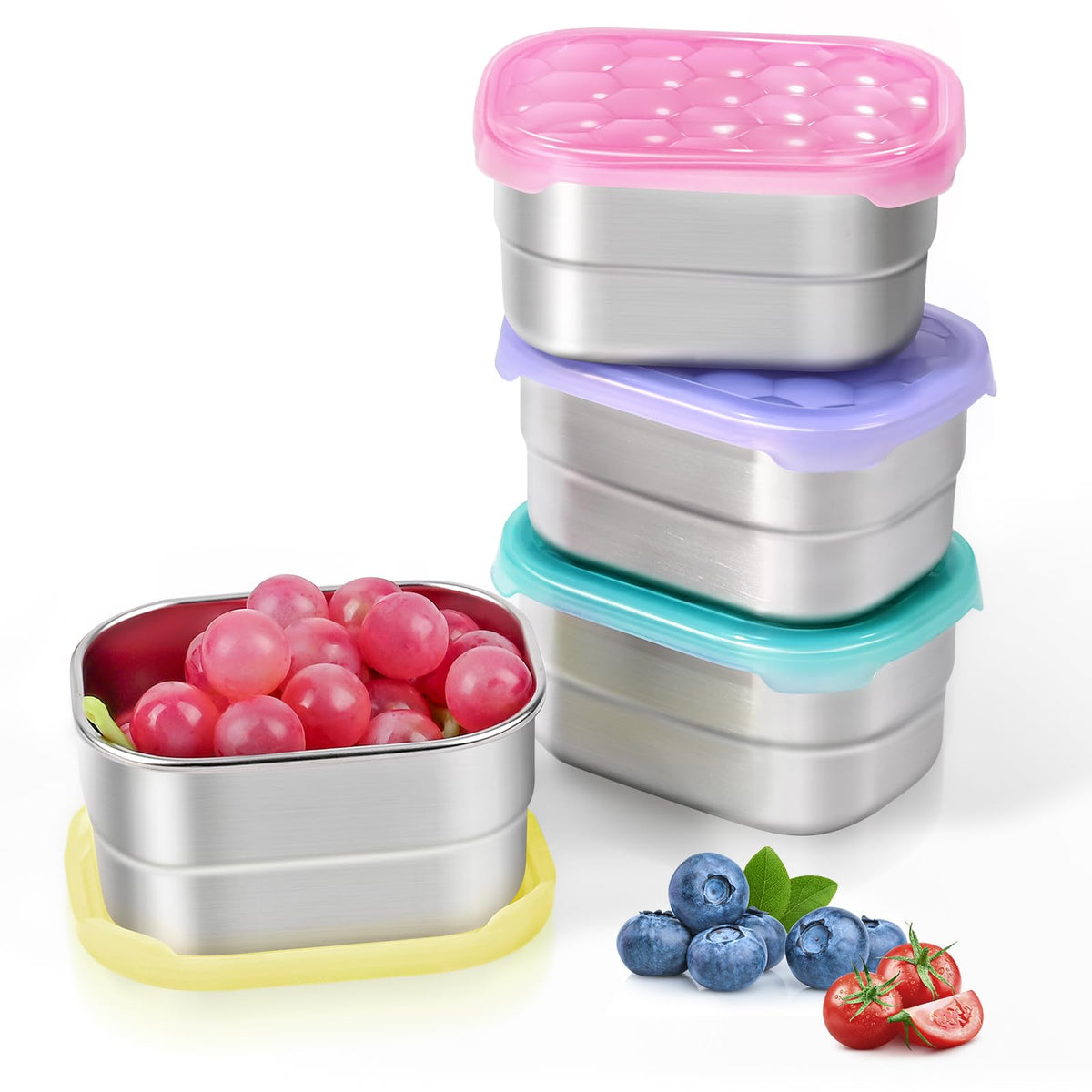 Tanjiae 4Pack 8oz Small (1 CUP) Stainless Steel Snack Containers for Kids | Reusable Easy Open Toddler Snack Containers with Silicone Lids | Stackable Toddler Lunch Box for Daycare, School and Travel