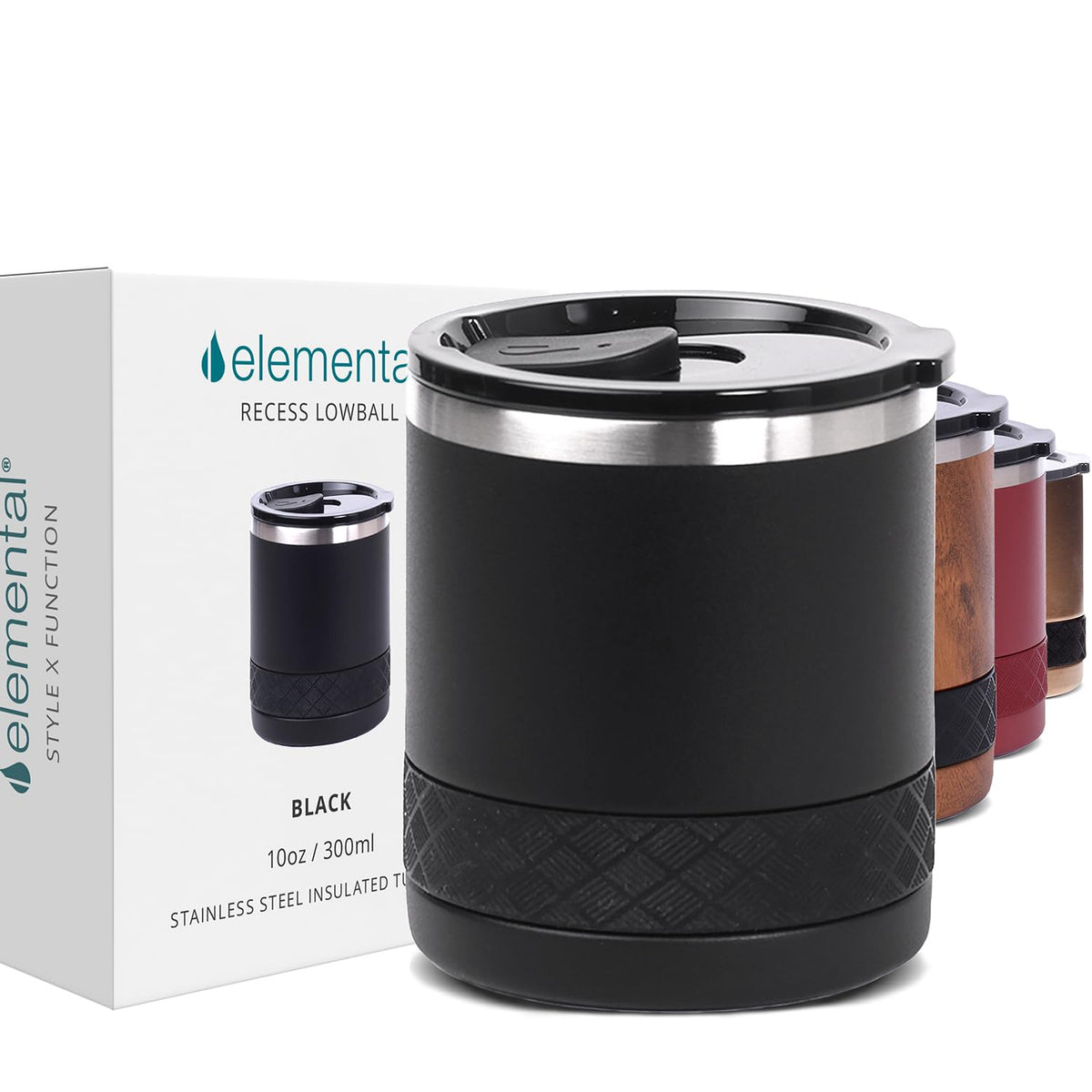 Elemental Recess Lowball 10oz Stainless Steel Tumbler Whiskey Glass w/Lid