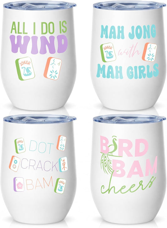 Patelai 4 PC Mahjong Cup Gift Tumbler with Lid Straw, 12 oz, Cute Mahjong