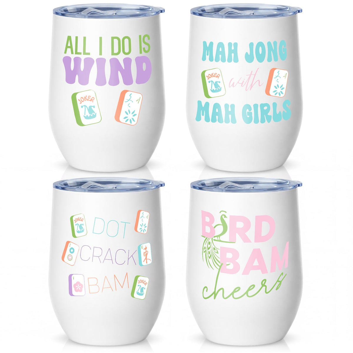 Patelai 4 PC Mahjong Cup Gift Tumbler with Lid Straw, 12 oz, Cute Mahjong