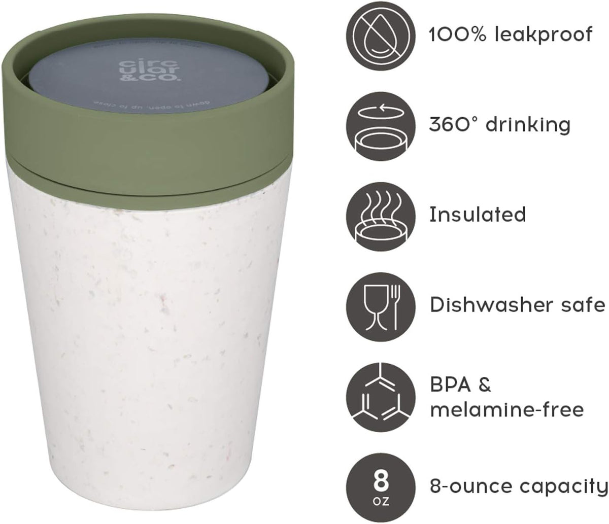 Circular and Co Reusable Coffee Cup 8oz/227ml - The World's First Travel Mug Made from Recycled Coffee Cups, 100% Leak-Proof, Sustainable & Insulated. (Cream & Honest Green)