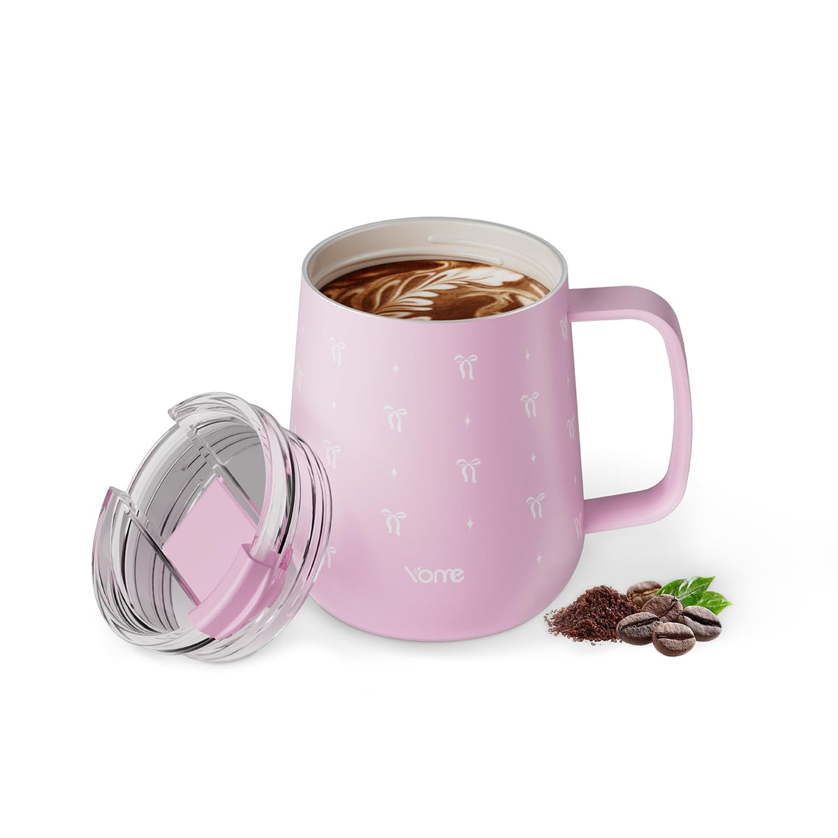 YOME 10oz Bow Light Pink Insulated Coffee Mug with Handle for Women | Ceramic Lined Coffee Mug with Splash-Resistant Lid| Pure Taste Stainless Steel Coffee Cup | Easy to Clean | Keeps Drinks Cold