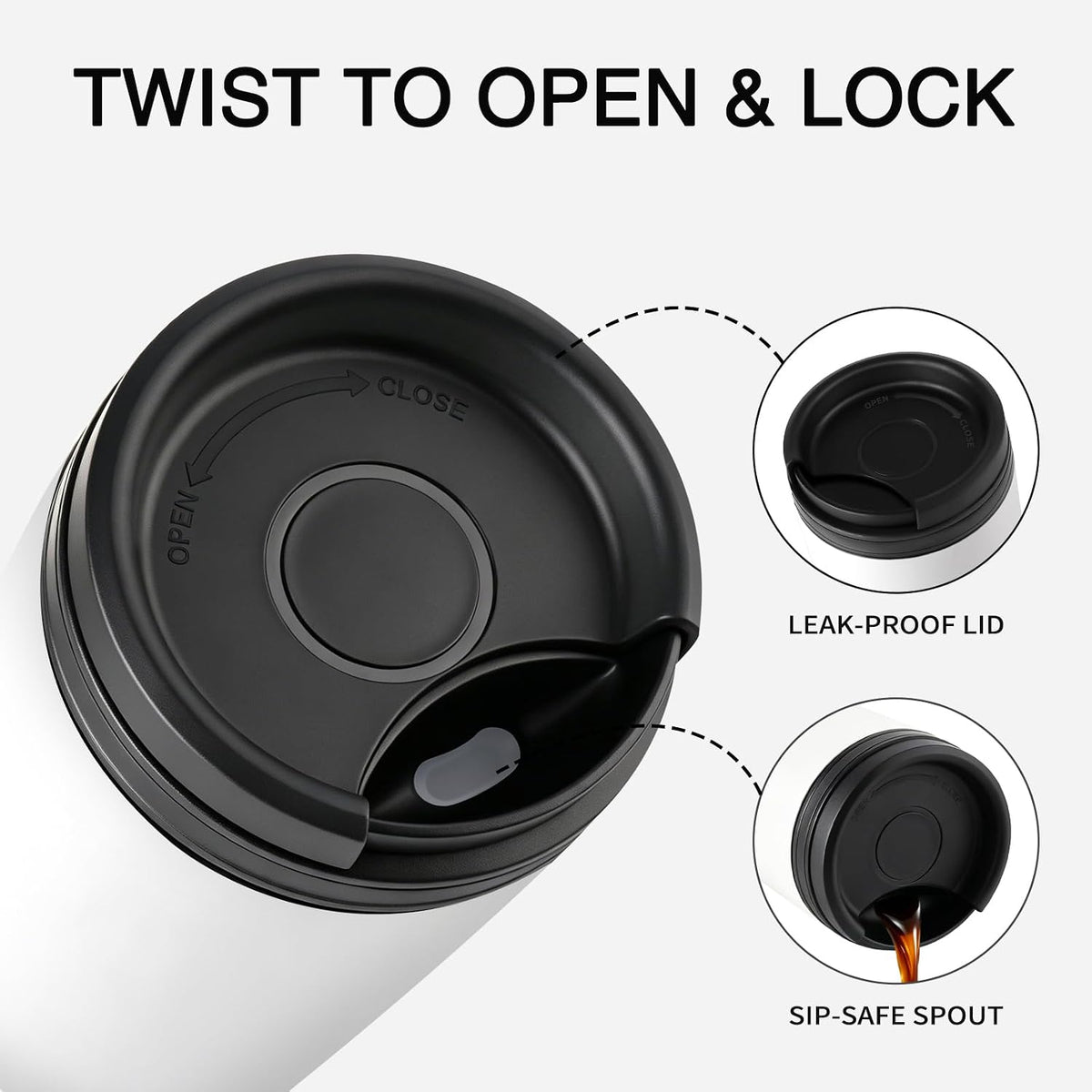 16 oz Travel Coffee Mug with Twist-Open Lid, Leak Proof Coffee Travel Mug, Insulated Tumbler Stainless Steel Coffee Cup For Hot And Iced Cold, Spill Proof Fits Cup Holder (White)