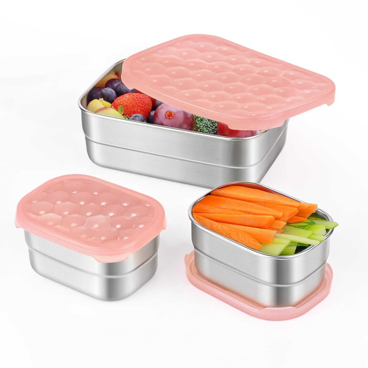 Tanjiae 3 CUP+1 CUP Stainless Steel Lunch Snack Containers Set | Leak Proof 304 Stainless Steel Food Containers with Silicone Lids - Perfect Metal Lunch Box for School and Daycare (25oz+8oz*2)