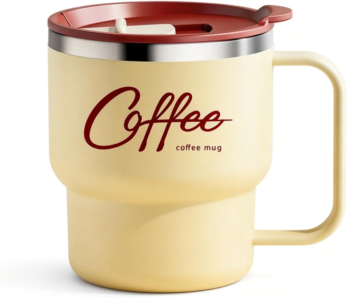 12 oz Insulated Coffee Mug with Lid and Handle, Double Wall Vacuum Insulated, Stainless Steel, Travel Cup for Hot or Cold Drinks