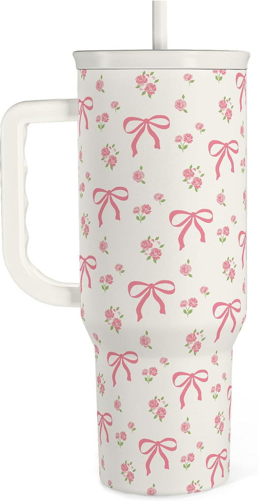 SANDJEST Bow Tumbler with Handle 40oz, Stainless Steel Insulated Tumblers Coffee Travel Cup with Slider Straw Lid, Gifts for Women Teen Girls Birthday