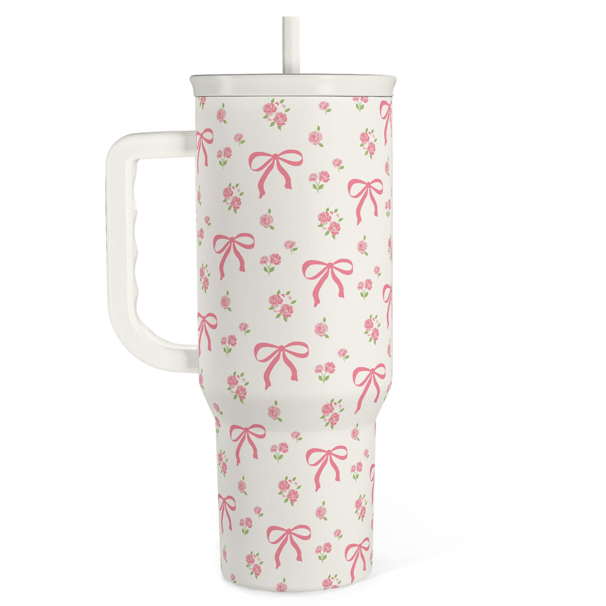 SANDJEST Bow Tumbler with Handle 40oz, Stainless Steel Insulated Tumblers Coffee Travel Cup with Slider Straw Lid, Gifts for Women Teen Girls Birthday