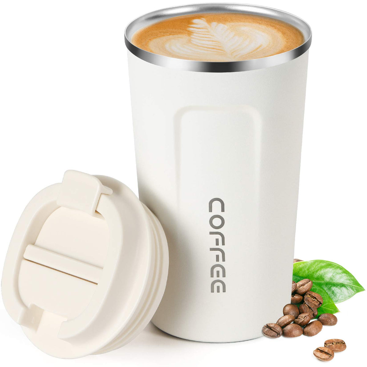 17oz (510ml) Vacuum Insulated Coffee Travel Mug, Leak proof Double Wall Stainless Steel Reusable Cup with Lid, Thermal Tumbler for Hot and Cold Drinks, Matte Texture White