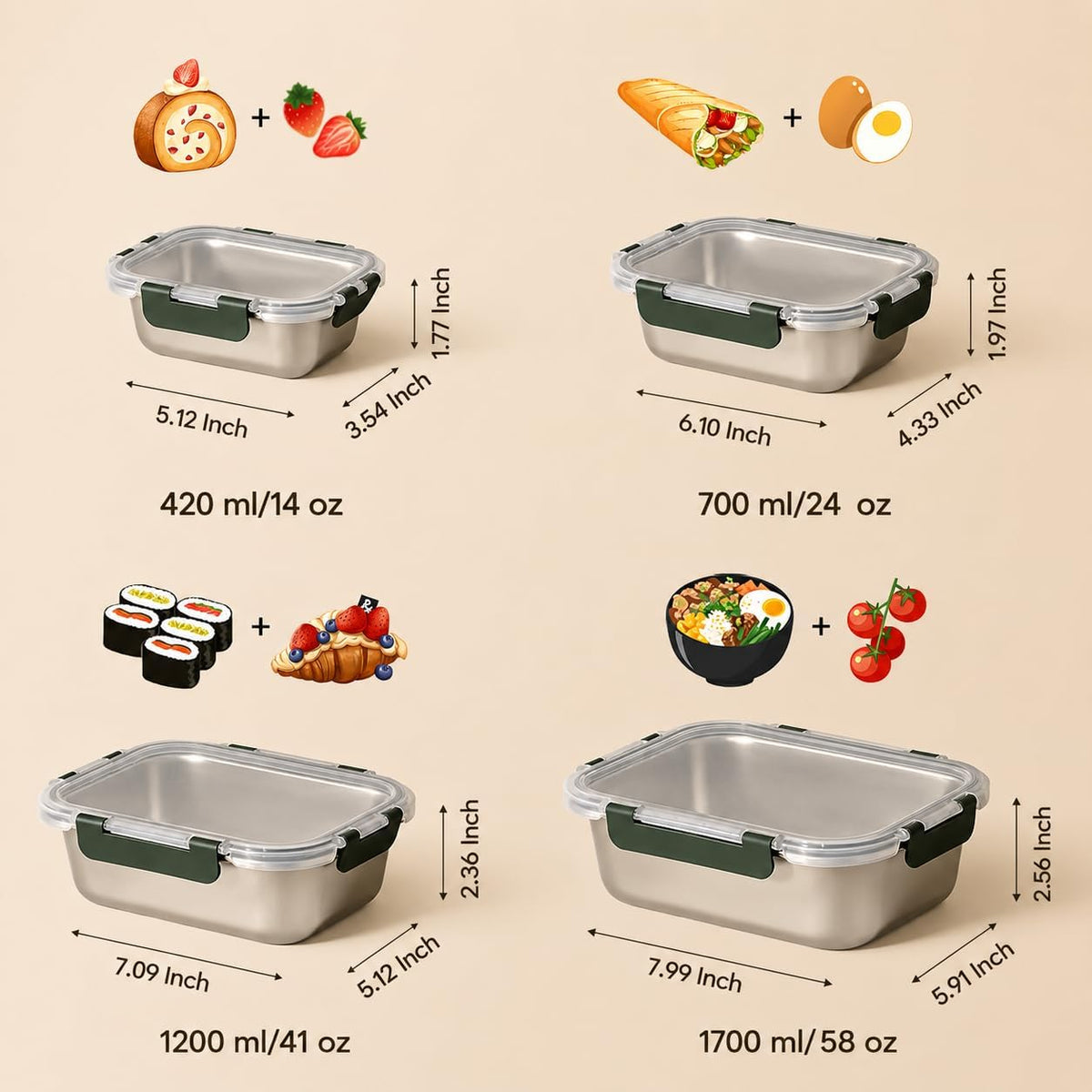 8 PCS Stainless Steel Lunch Box 4-Size Food Storage Containers with Lids