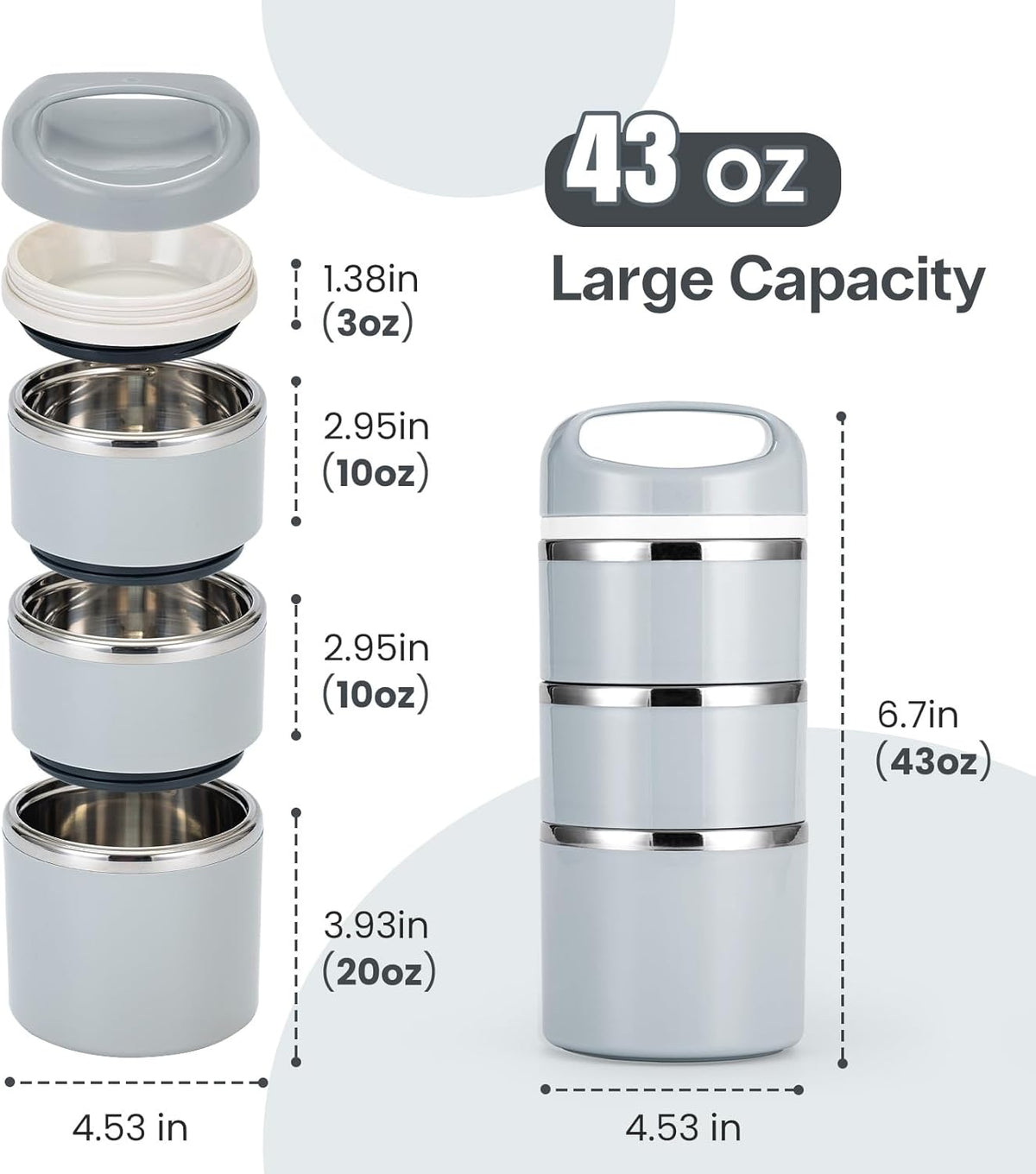 Lille Home Stackable Stainless Steel Thermal Lunch Box, 43OZ/1.38L