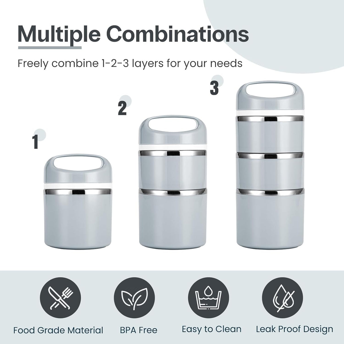Lille Home Stackable Stainless Steel Thermal Lunch Box, 43OZ/1.38L