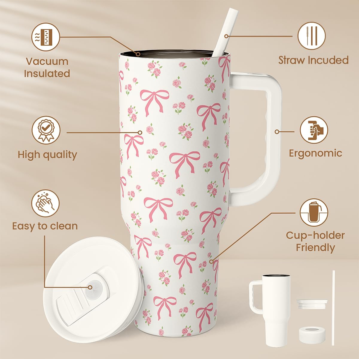 SANDJEST Bow Tumbler with Handle 40oz, Stainless Steel Insulated Tumblers Coffee Travel Cup with Slider Straw Lid, Gifts for Women Teen Girls Birthday