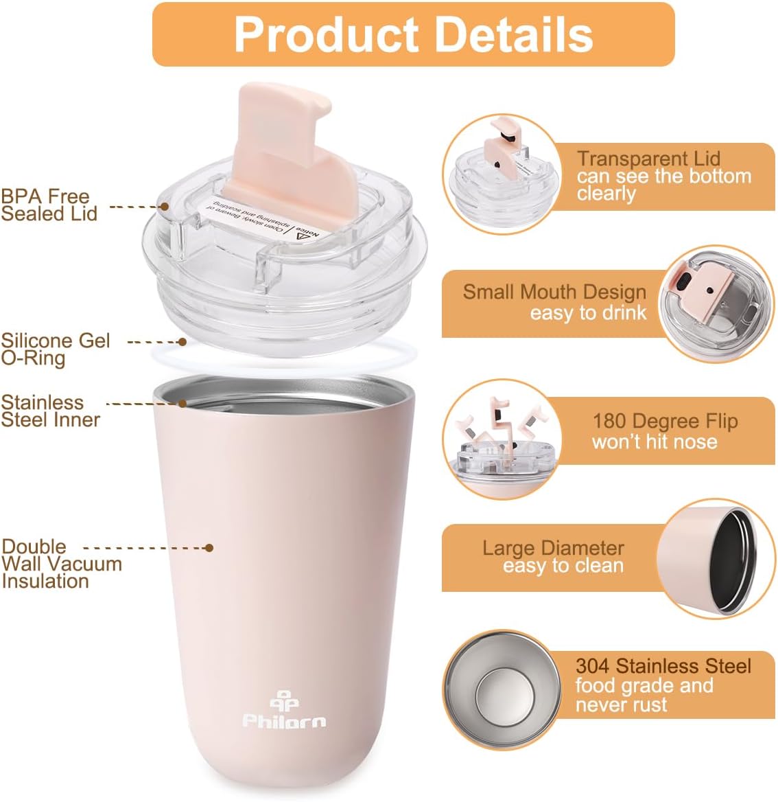 PHILORN Pink Coffee Tumbler - 12 OZ Insulated Coffee Mug With Lid
