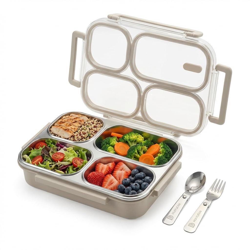 Bento Box Adult Lunch Box - Microwave Safe Stainless Steel Meal Prep Containers, 1200ML Large Capacity 4-Compartment Leak Proof Food Container with Handle & Utensils for Work, Office [Green]