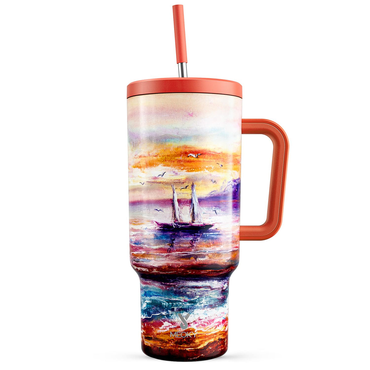 Meoky 40oz Tumbler with Handle, Leak-proof Lid and Straw, Insulated Coffee Mug Stainless Steel Travel Mug, Keeps Cold for 34 Hours or Hot for 10 Hours (Night)