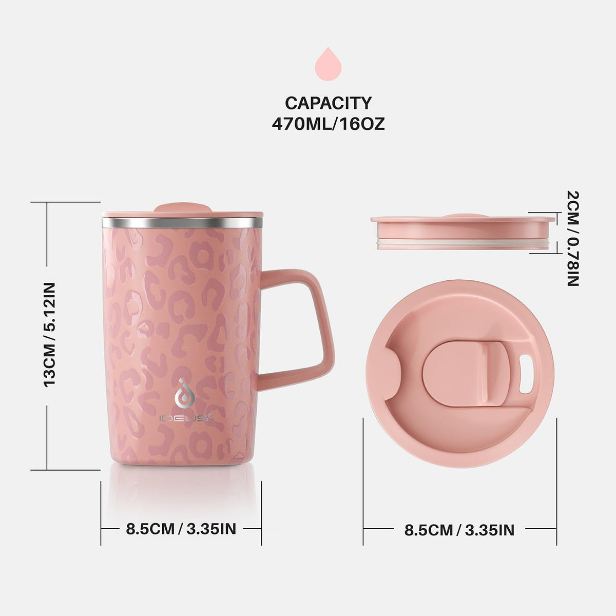 Ideus 16 oz Insulated Coffee Mug with Lid and Handle, Leopard Pink