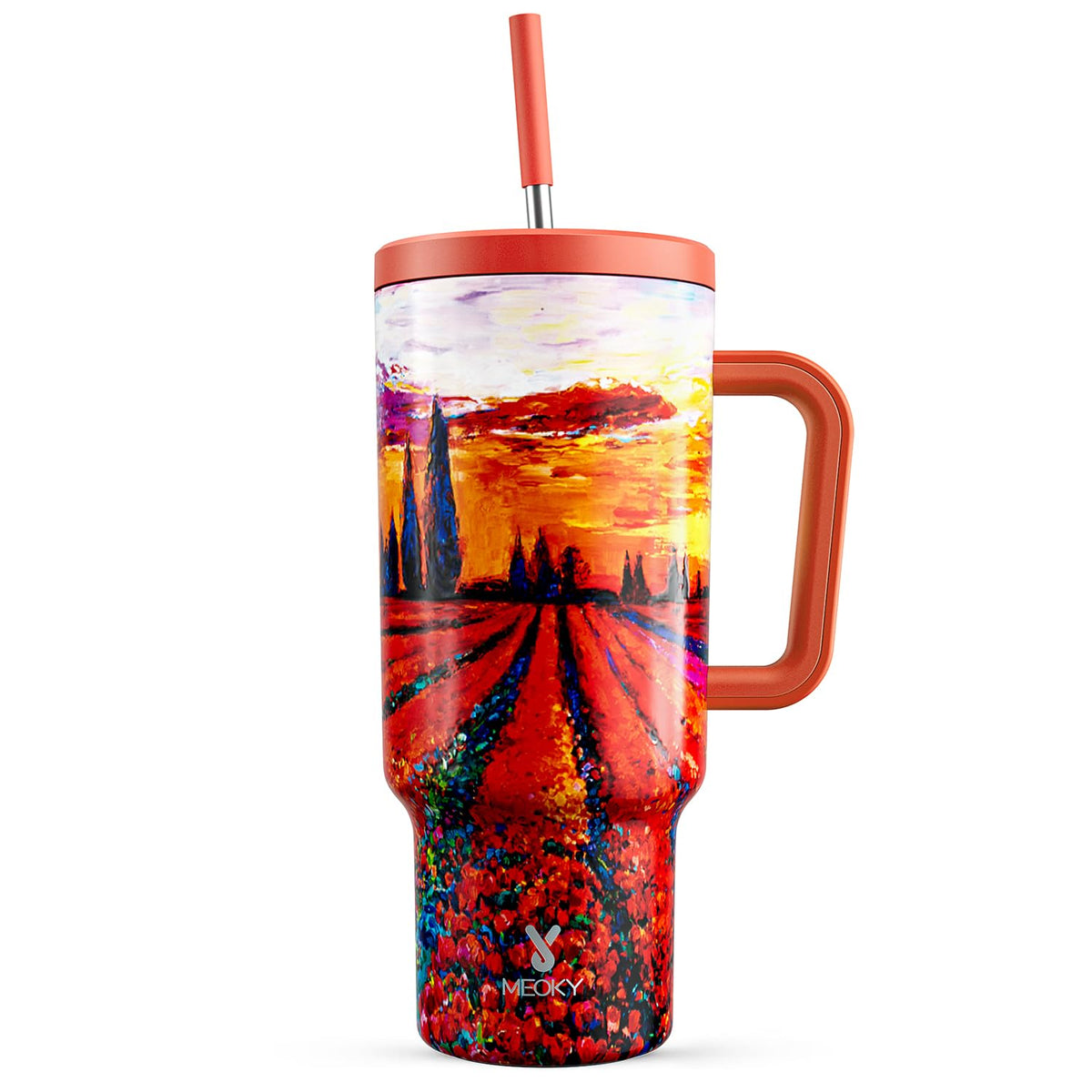 Meoky 40oz Tumbler with Handle, Leak-proof Lid and Straw, Insulated Coffee Mug Stainless Steel Travel Mug, Keeps Cold for 34 Hours or Hot for 10 Hours (Night)