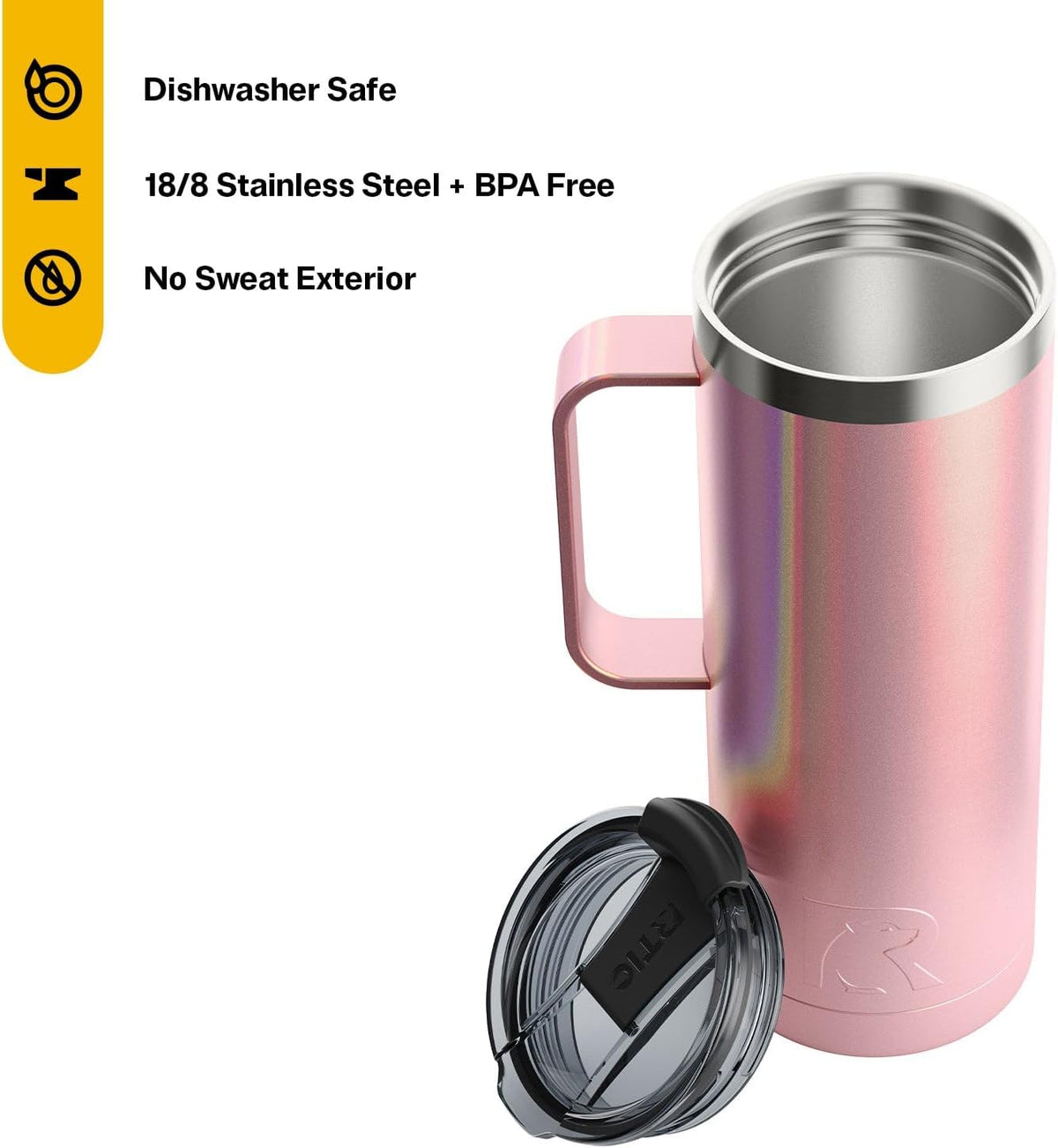 RTIC 20oz Travel Mug, Stainless Steel Insulated Coffee Cup with Lid and Handle, Portable for Car, Camping, Hot and Cold Drink, Dusty Rose Glitter